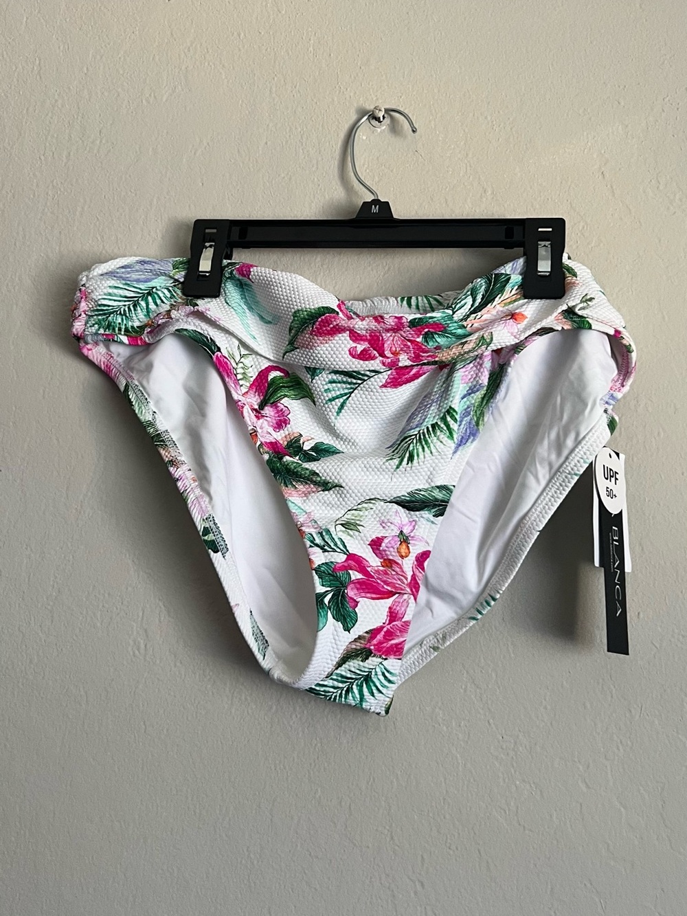 La Blanca White Bikini Bottom with Pink Floral & Green Leaf Print
